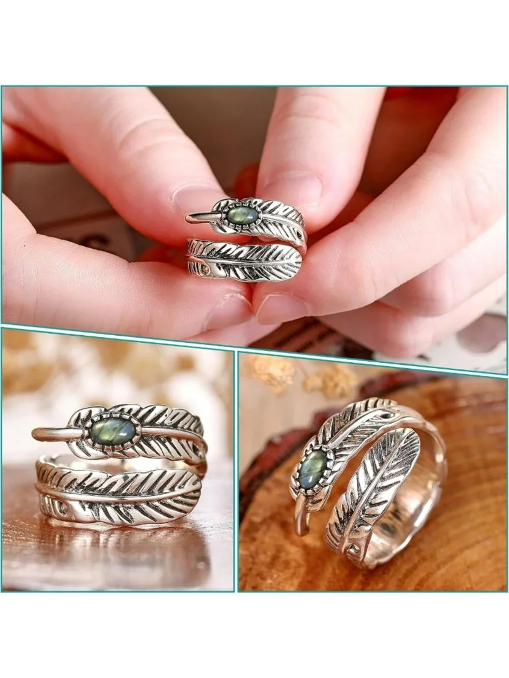Adjustable Sterling Silver Feather Ring with Black Onyx & Turquoise - Vintage